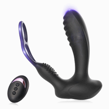 Load image into Gallery viewer, 10 Vibrations Heating Function Remote Control Anal Plug with Dual Cock Rings
